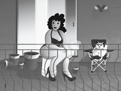 Person on Balcony with Cat art balcony campingchair cat design faces grayscale greyscale heels illustration illustrator kitty leghair person shadows smoke smoking undies vector