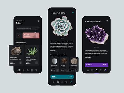 Plants and Crystals shop crystals dark mode dark ui ecommerce ecommerce app flat interface mobile mobile app design mobile design mobile ui plants succulent ui ux ui design