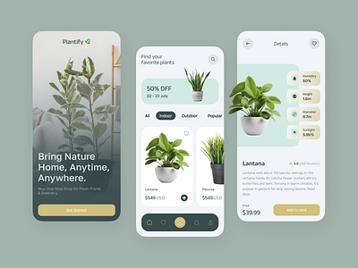 Plantify 🌿 - Plant Shopping App UI app designer apple store e commerce app ui e commerce mobile app e commerce ui figma ios ios app minimal ui mobile app ui mobile app uiux mobile design plant shop app product design shopping app ui uiux design uxui design website design