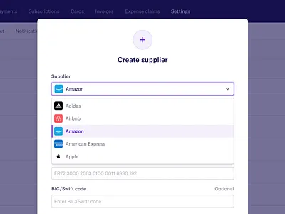 Spendesk new 'Create supplier' modal app autocomplete component dashboard design design system deskop dropdown finance fintech interface mobile modal modals product design ui ux web webdesign website
