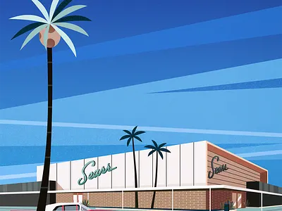 Sears, mid-century modern architecture art blue cadillac colors illustration landscape midcentury midcenturymodern palms sears shop texture vector