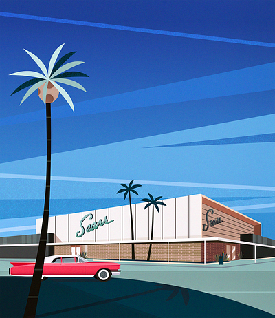 Sears, mid-century modern architecture art blue cadillac colors illustration landscape midcentury midcenturymodern palms sears shop texture vector