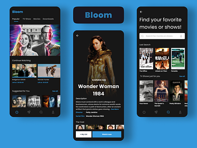 Bloom app design movie streaming tv ui