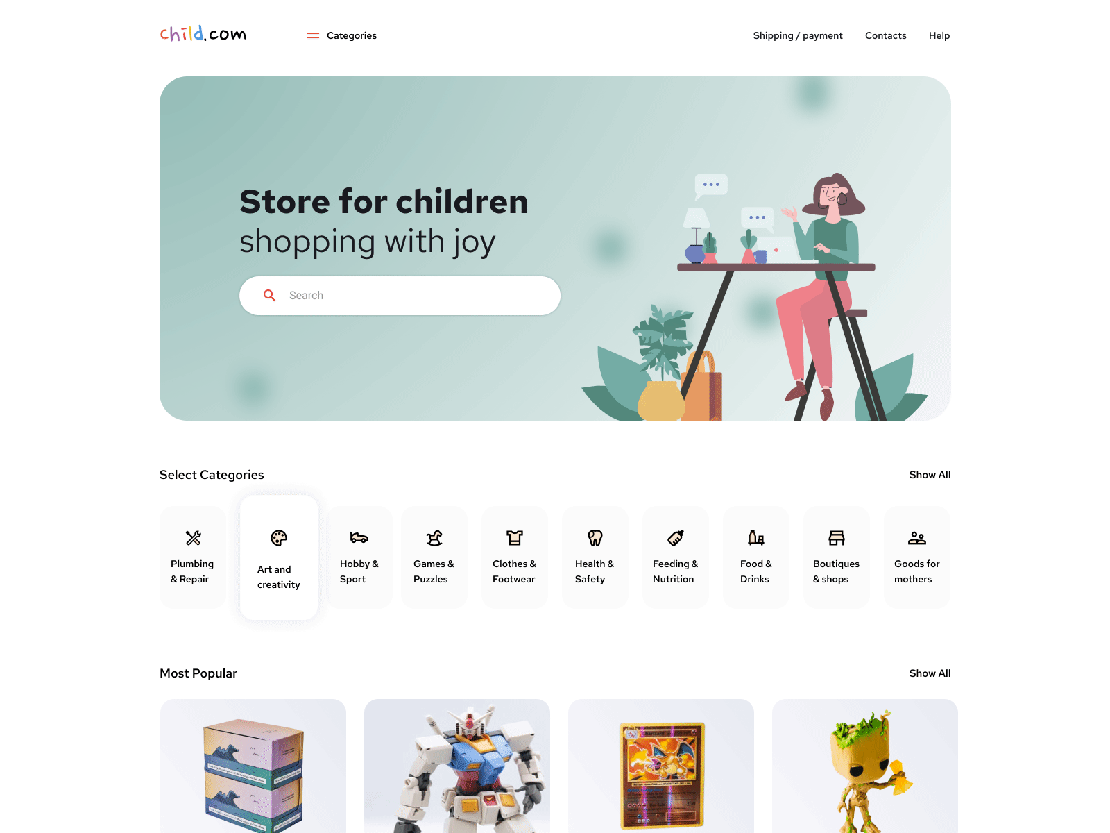 eCommerce Store Web Design adobe illustrator children clean ecommerce figma icon illustration market minimal online shop onlineshop shop for children shopping store design ui uiux vector web web design website