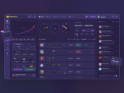 Meow Skins GG - Online Web Casino casino cat chat component ui crash csgo dark ui dashboad design dota2 esport gambling game inventory list messaging panel round ui ux