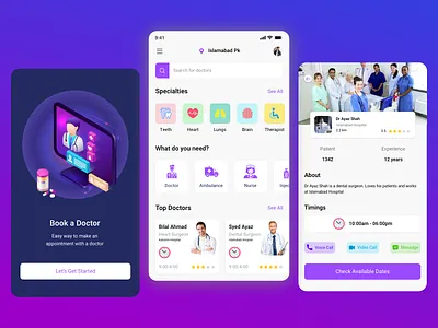 Doctors booking and Medication App branding design doctorapp graphic design icon light theme medical medicationapp mobileapp purpleapp typography ui ux vector