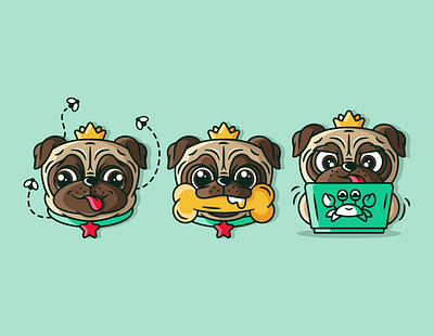 Pug animal bone branding character crab crown cute cute animal cute illustration design dog dribbble flat design graphic illustration laptops pug puppy vector working