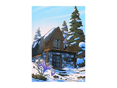 The Crocus House cabin chalet cozy crocus house illustration lilac mountains pine tree purple season snow spring winter