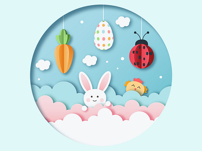 PAPER CUT OUR EASTER CARD. ADOBE ILLUSTRATOR TUTORIAL. carrot chick cloud cute design easter easter bunny egg holiday illustration ladybug pastel pink vector