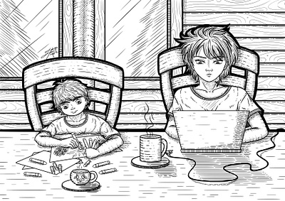 Working Together cabin child cottage cross hatching digital down drawing ink drawing style illustration laptop line art sitting stylize stylized table together woman wood wooden work