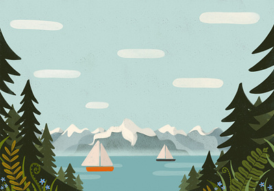 Puget Sound boats calming forest illustration mountains pacific northwest procreate seattle sky texture washington state water