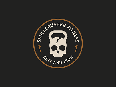 Skullcrusher Fitness - Kettlebell Logo badge bolt branding circle crack fitness geometric gym icon identity illustration kettlebell logo logomark logotype mark negative space skull type vector