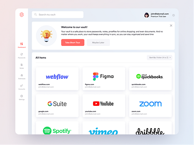 Password Manager Dashboard app clean dashboard dashboard ui desktop figma flat interaction notification password password manager product design saas ui ux web web app website