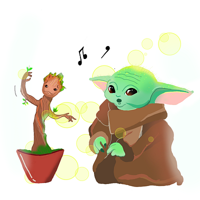 Baby groot - baby yoda art babyyoda character design digitalart green groot illustration marvel marvelcomics music starwars yellow yoda