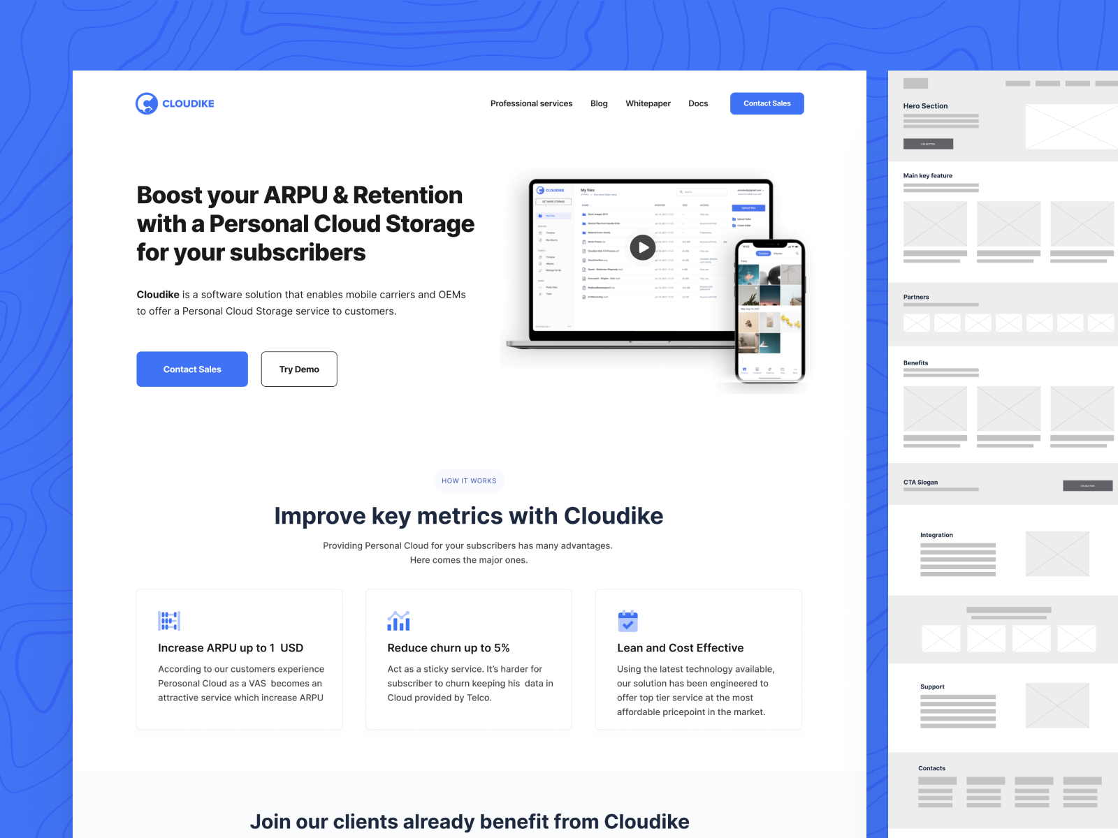 Cloudike - Personal Cloud Storage for B2B arpu b2b carier churn cloud customers design desktop files landing landingdesign minimalistic mobile page personal saas software solution white label wireframe