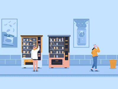 Woman and Man Bought Drinks on Vending Machine 2d character dribbble drinks flat design illustration inspirations landing page machine man minimal shot vector vending woman