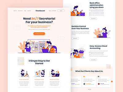 TimeSecret - Secretarial Landing Page app character clean colorful design homepage illustration landingpage onboarding one week wonders orange oww ui uiux webdesign whoooa