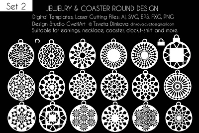 Jewelry&Coaster Round Designs 18 Vectors Digital SVG EPS Files bundle template coaster design digital design digital templates digitalart laser cutting pendants round designs round designs svg shapes vectorart