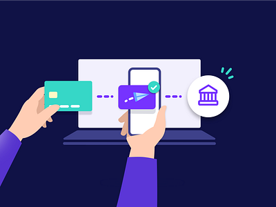 Money transfer to banks 🏦 2d app bank character design credit card fintech flat design hanateh illustration laptop money transfer paysend sketch vector illustration