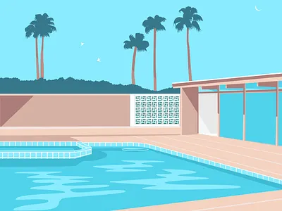 Poolside art california design flat illustration illustrator mid century modern palm springs palm trees pool relaxing swimming pool vector water