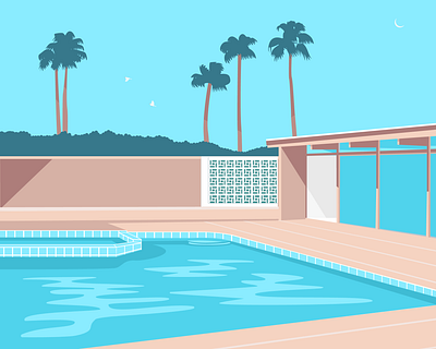 Poolside art california design flat illustration illustrator mid century modern palm springs palm trees pool relaxing swimming pool vector water