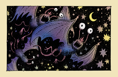 Flight of the Booger Bats bats birds comics hatching illustration ink moon night sketchbook stars