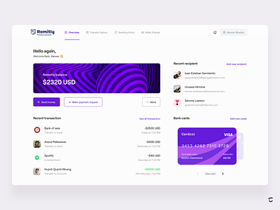 Remitly dashboard design - concept balance cards ui concept dashboard design dashboard ui design minimal money transfer notification payment method payment request profile refer a friend remitly send money spotify transaction web app web design