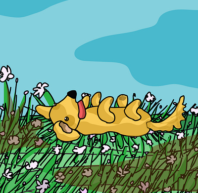 golden puppy blue field flower fun golden ilustration puppy sky vector