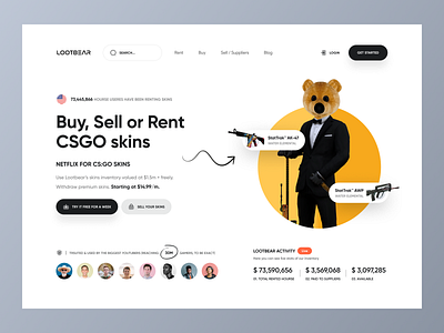 LOOTBEAR Landing Page | Hero header 3d 3d illustration account clean csgo dashboard game gamer hero hero header landing login minimal mockup navigation register skin status website websites