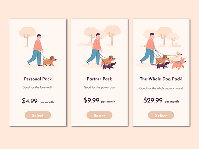 Pricing 030 app buy dailyui dailyuichallenge design dog doggy illustration illustrator minimal mobile package price price tag prices subscription team ui website