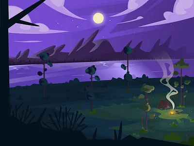 Dreamland - Night Time Traveler blue campfire clouds design hero illustration landing page landscape mountain night scenery sky