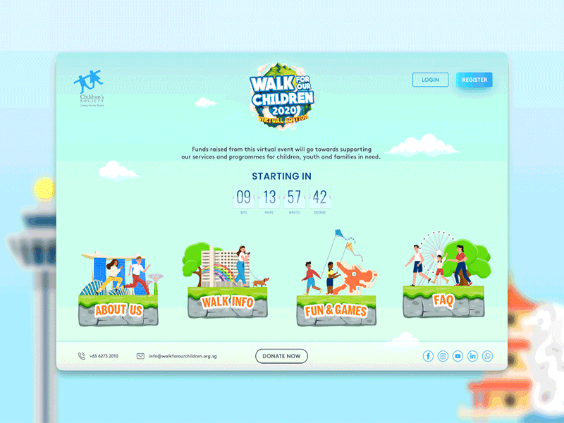 Singapore Children's Society Virtual Walk For Our Children 2020 character charity children cute illustration kawaii kids singapore uiux vector virtual event webdesign website