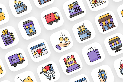 Shopping and ecommerce icon set come with Colorline style cart cashier clock color creative delibery truck ecommerce edc icon icon design modern outline payment payments sale shopping shopping bag shopping cart trolley web page