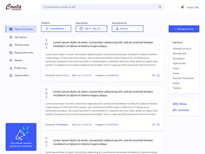 Work in progress - Internal forum for Contahouse accounting firm blue dashboard forum hub materialdesign posts