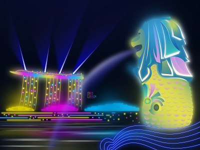 Singapore Neon Effect asia colorful flat fountain illustration illustrator lion neon neon effect neon light night singapore vector vector art vector illustration vectordesign