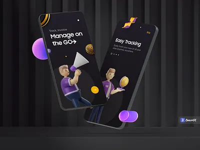 Track, Invoice, Manage - Onboarding Screens app design branding challenge convrtx dailyui dark dark ui design free illustration invoice minimal modern muudy onboarding screen tracking ui uidesign ux vector