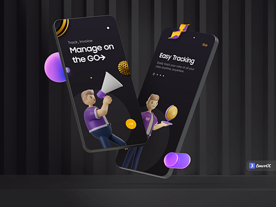Track, Invoice, Manage - Onboarding Screens app design branding challenge convrtx dailyui dark dark ui design free illustration invoice minimal modern muudy onboarding screen tracking ui uidesign ux vector