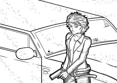 Beside a Limousine car cold digital drawing female firearms gun illustration lady limousine line art pistols short hair snowflake snowy vehicle windy winter woman woman illustration