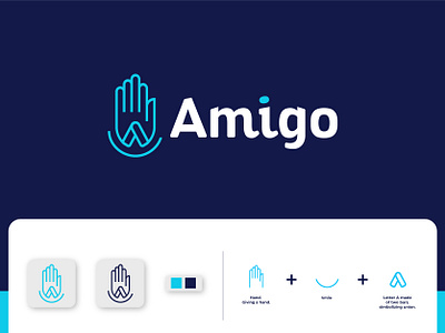 Blue hand with a letter logo and smile a letter logo branding design hand logo identity letter a logo