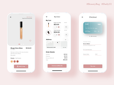 Daily UI - 002 / Credit card checkout / Beauty Bag app beauty app checkout dailyui designchallenge makeup app ui ui design ux