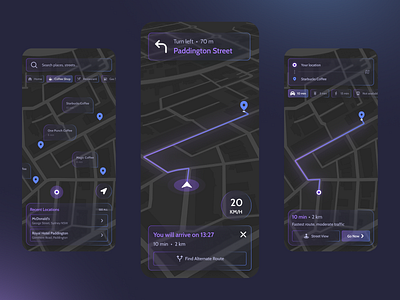 Navigation / Maps App app dark dark mode dark ui directions glassmorphism google maps maps mobile mobile app mobile app design navigation ui uidesign ux waze