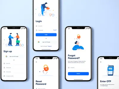Login and Signup Screens clean clean design download mockup figma design forgot password illustrations ios login login login design login form login screen mobile login modern otp registration form registration page reset password signup simple design simple illustration