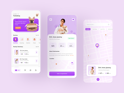 Pet Care - Mobile Apps app appointment care cat clean design doctor dog foods home maps medicine mobile pet petcare purple service uidesign uiux veterinary