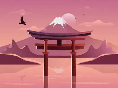 Japan asia digital illustration flat fuji japan japanese lake landscape moon mountain pink purple red river sea summer sunset tokyo travel vacation