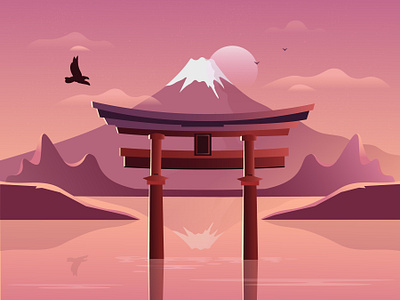 Japan asia digital illustration flat fuji japan japanese lake landscape moon mountain pink purple red river sea summer sunset tokyo travel vacation