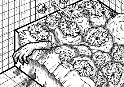 Severed Arm arm bathroom bathtub blood bloody body parts corpse cross hatching decapitated drawing garbage bags gore horror illustration line art messy mystery severed stylize stylized