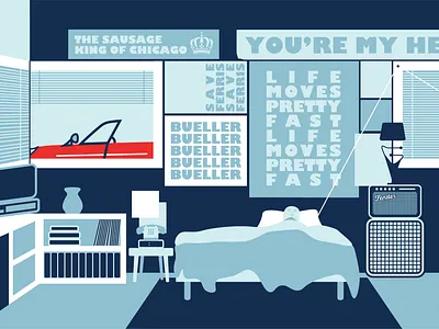 Ferris Bueller's Bedroom 80smovie 80son8 adobe illustrator bedroom bueller car design ferrari ferris bueller furniture graphic design illustration illustrator monochrome vector room illustration