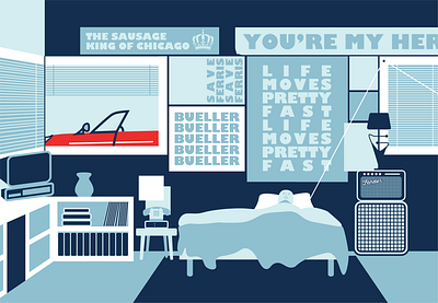 Ferris Bueller's Bedroom 80smovie 80son8 adobe illustrator bedroom bueller car design ferrari ferris bueller furniture graphic design illustration illustrator monochrome vector room illustration