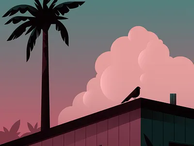 Sunset city clouds flat illustration landscape palm tree