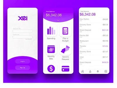 Xei Banking App app design application bank bank app banking budget budget app gradient gradient color log in page logo money money app purple savings social app spending ui ux venmo